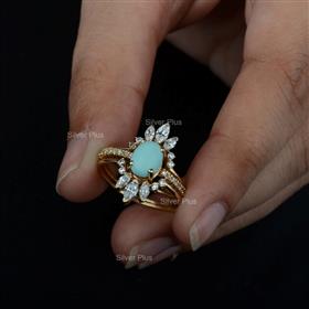 Genuine Turquoise Diamond Stackable Layer Ring Solid 14K Yellow Gold Jewelry